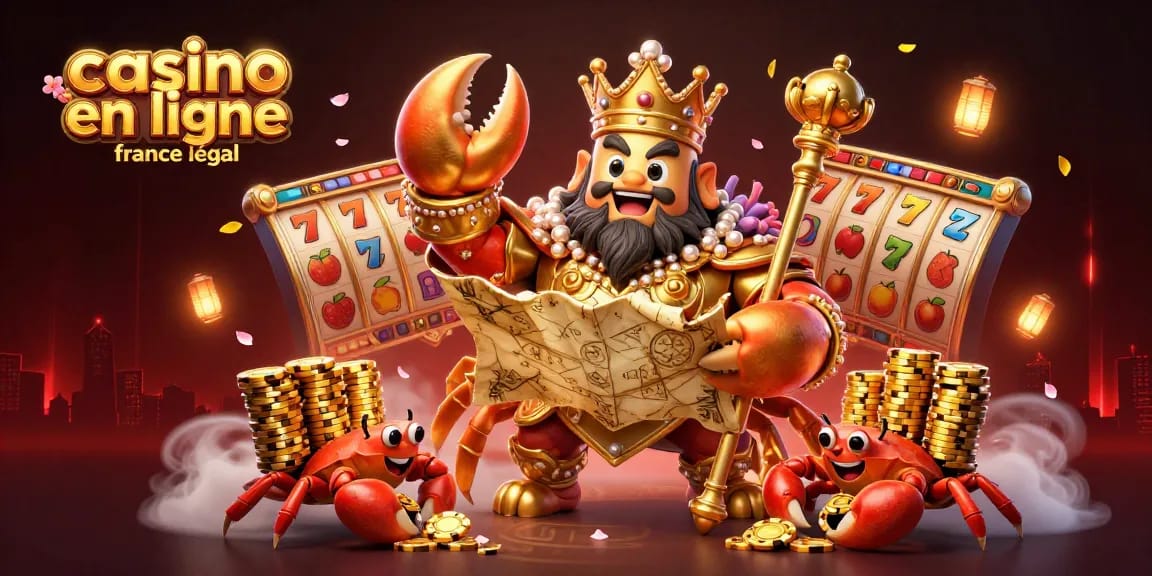 Découvrez les jeux de casino en ligne légaux en France avec un crabe doré et des éléments de jackpot animés.