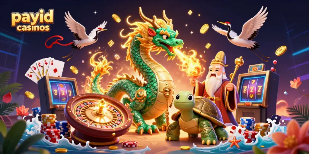 Engage with payid casinos through a stunning illustration featuring dragons and gaming elements.