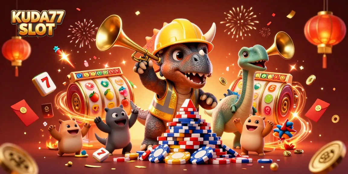 Permainan KUDA77 SLOT yang menampilkan triceratops membangun tumpukan chip poker di tengah perayaan megah.