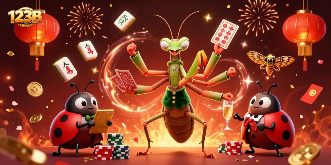 Engage with 123B through thrilling games featuring a mantis card sharp and ladybug pit boss in a vibrant casino setting.