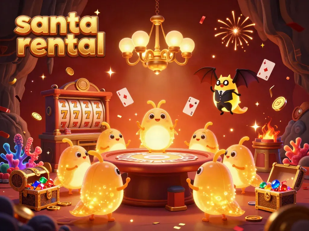 Experience festive excitement with a vibrant santa rental scene featuring cartoon glowworms and lively gaming elements.