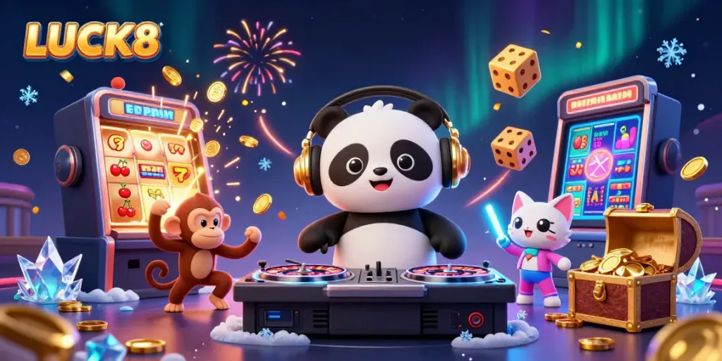 Experience the excitement of LUCK8 with vibrant casino characters and game elements in a colorful 3D scene.