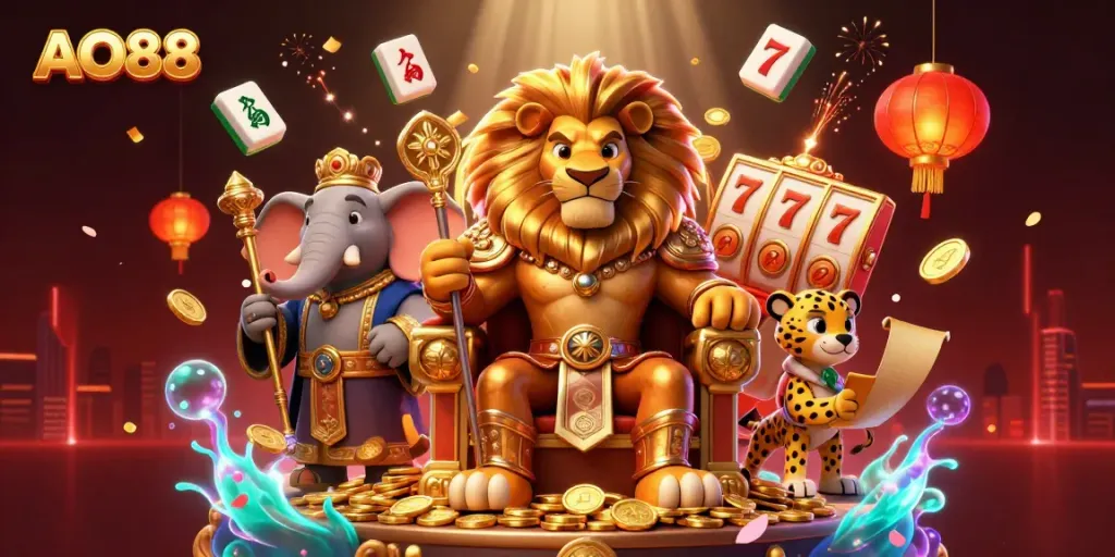 Experience the exciting world of AO88 with vibrant characters, slot games elements, and dynamic casino decor.