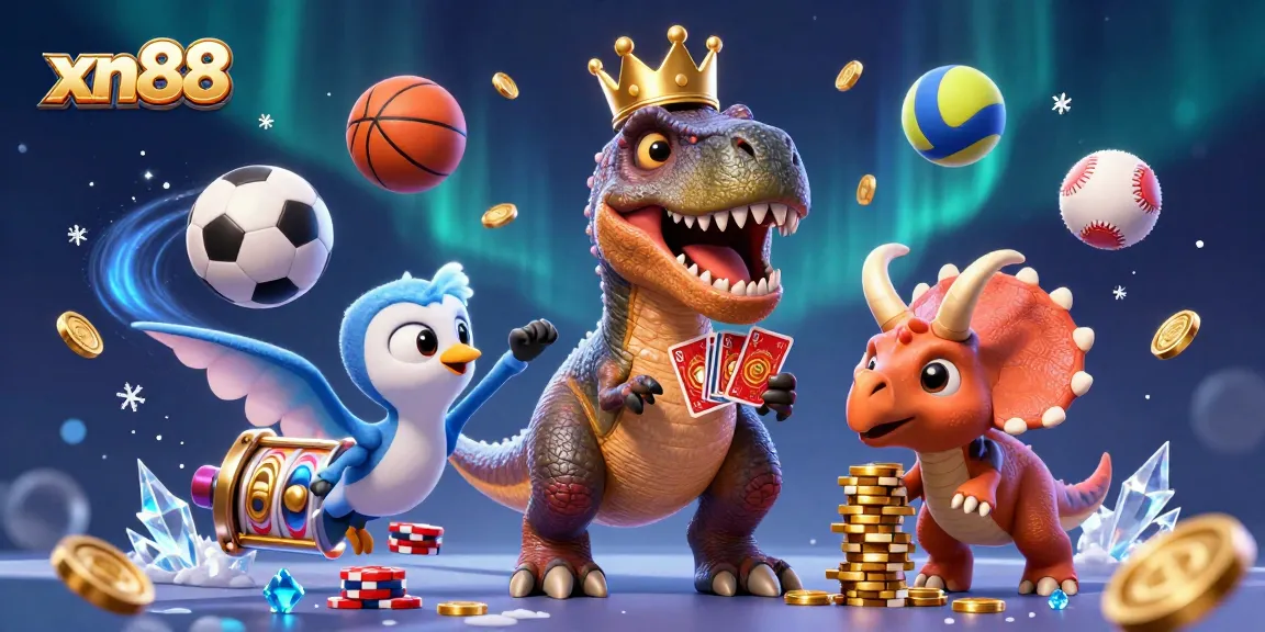Join the action at xn88, where a T-Rex gleefully shuffles cards while a triceratops stacks chips in this vibrant casino scene.