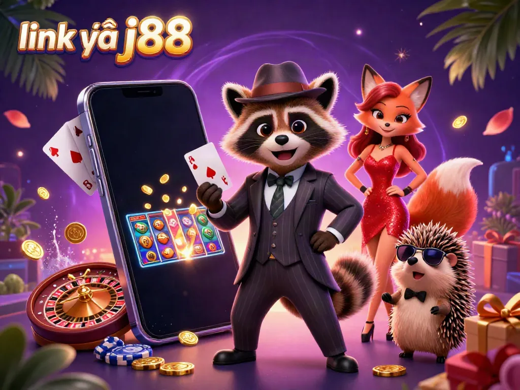 Enjoy the excitement of link vào j88 with a charming casino scene featuring a suave raccoon holding a royal flush, amidst thrilling game elements.