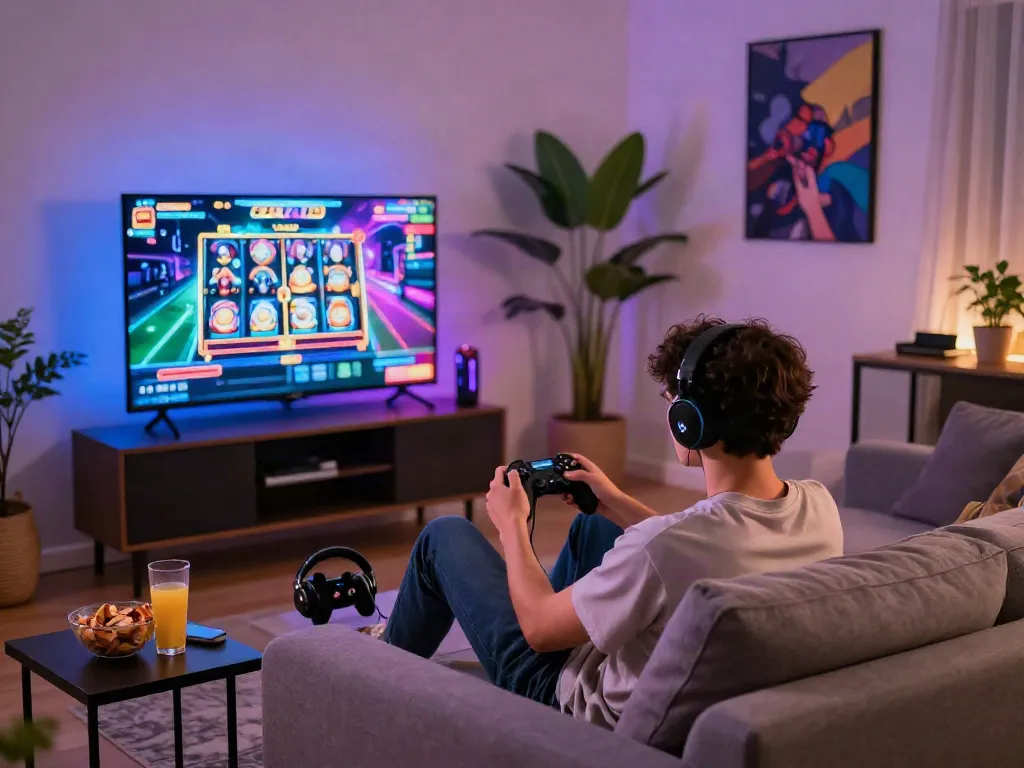 The vibrant gaming scene showcasing rokok88 rtp in a stylish living room with a gamer engaged in online slots.