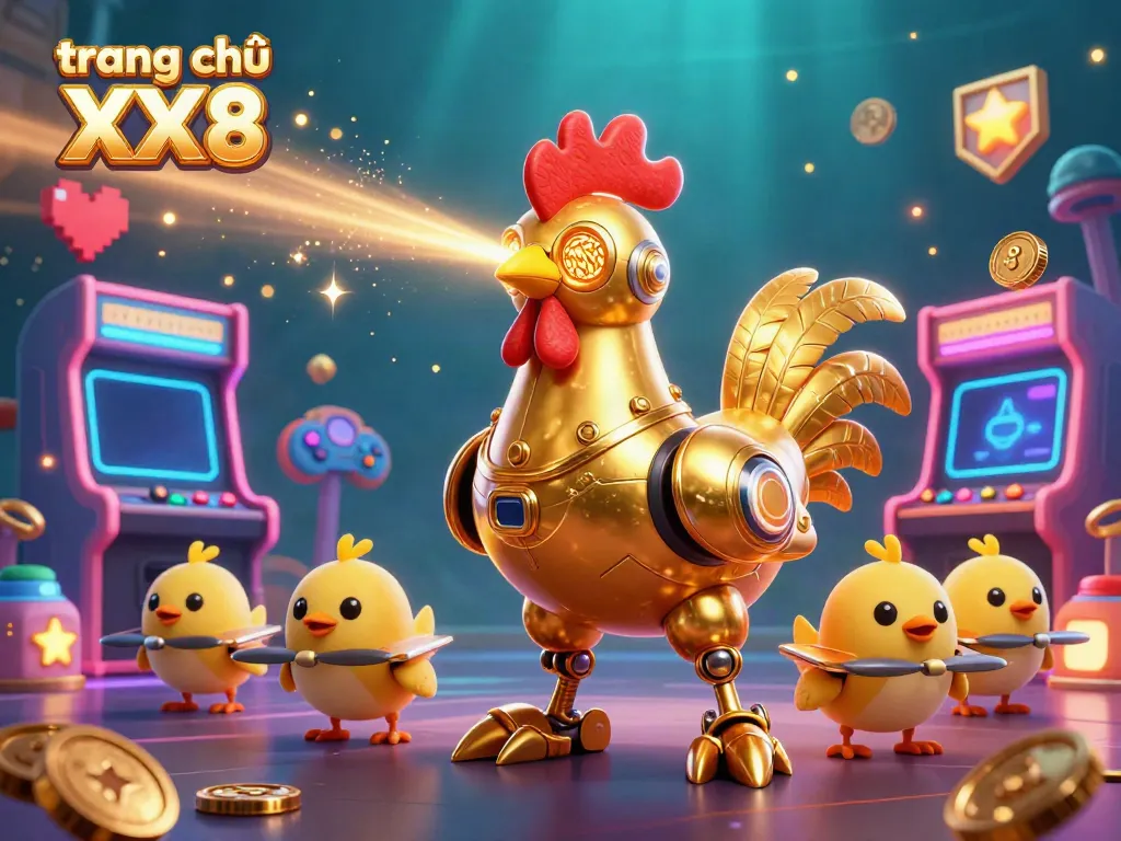Experience vibrant gaming action at trang chủ XX8 featuring a golden robot and baby chick drones.
