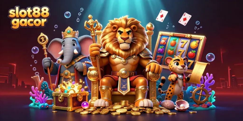 Mengguncang slot88 gacor dengan karakter kartun 3D dalam lingkungan kasino yang penuh warna.