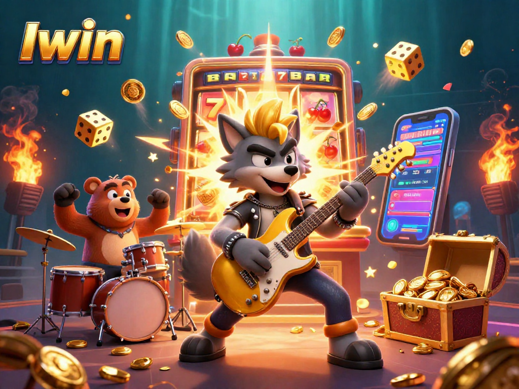 Iwin brings excitement to the casino scene with a cartoon rock star wolf and a drummer bear in a dynamic jackpot explosion.