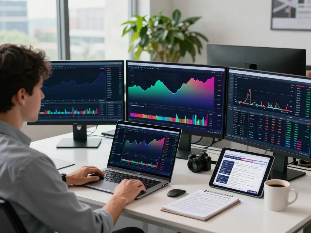 tradingview官网 user analyzing trading charts in a modern office setting