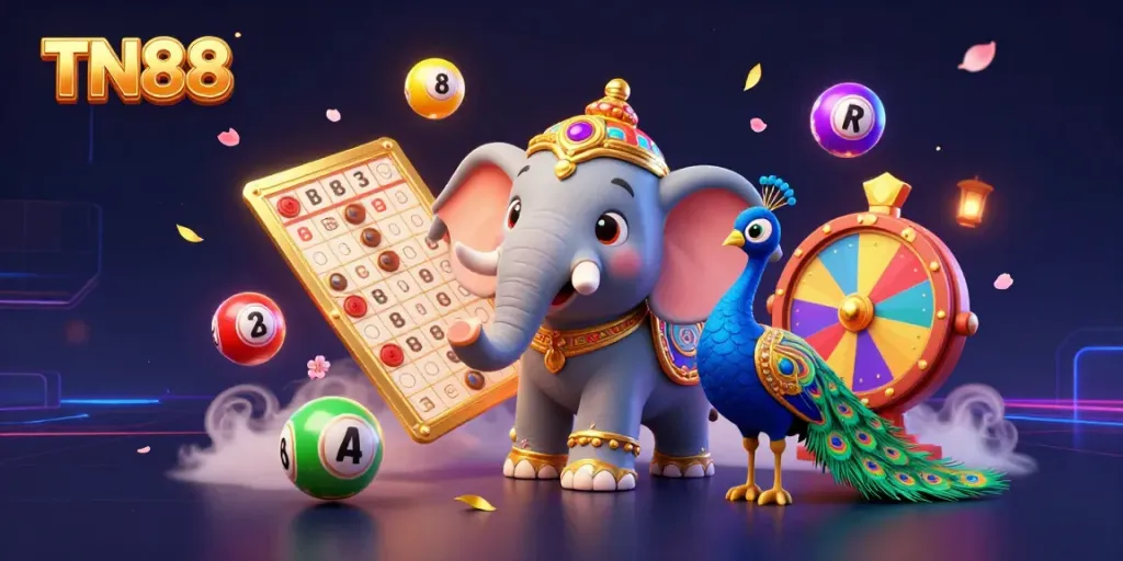 Play exciting games with TN88 at vibrant online casinos featuring lottery balls and colorful decorations.
