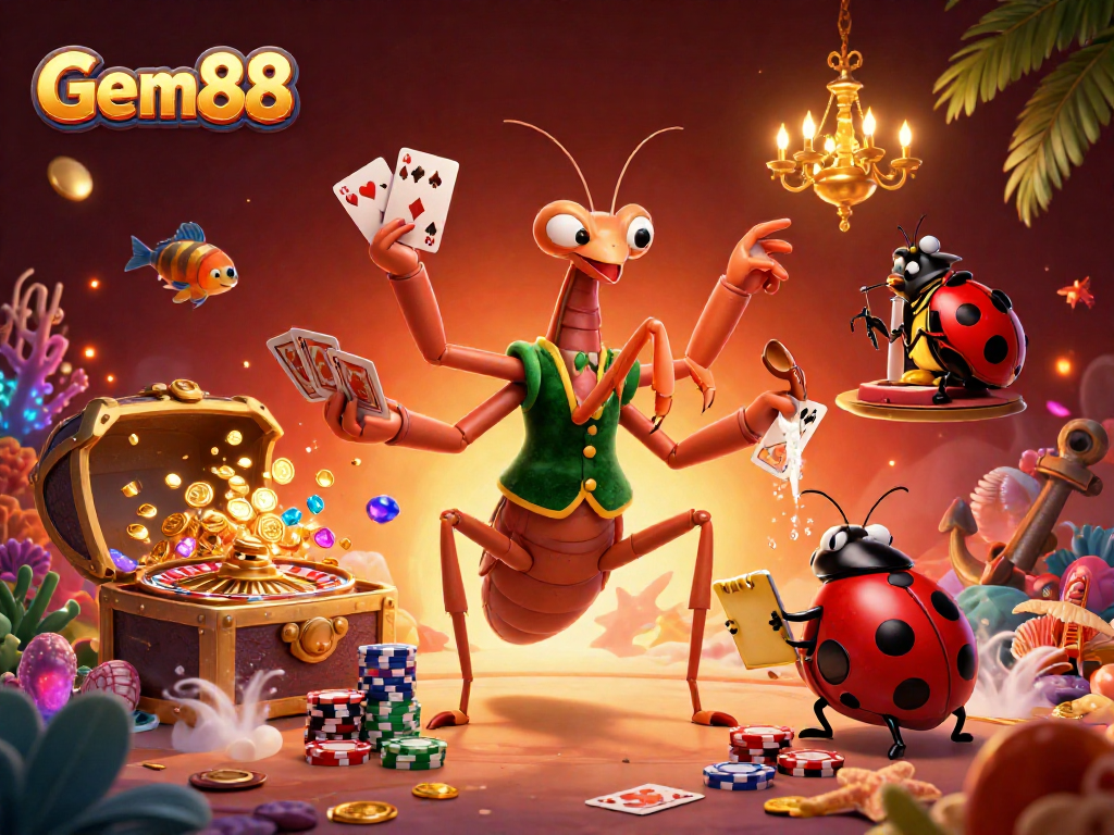 Gem88 casino illustration showcasing creative 3D characters dealing cards and shuffling chips.