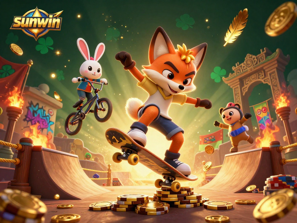 Engage with the vibrant energy of sunwin as a skateboard fox performs tricks on a golden poker chip ramp.
