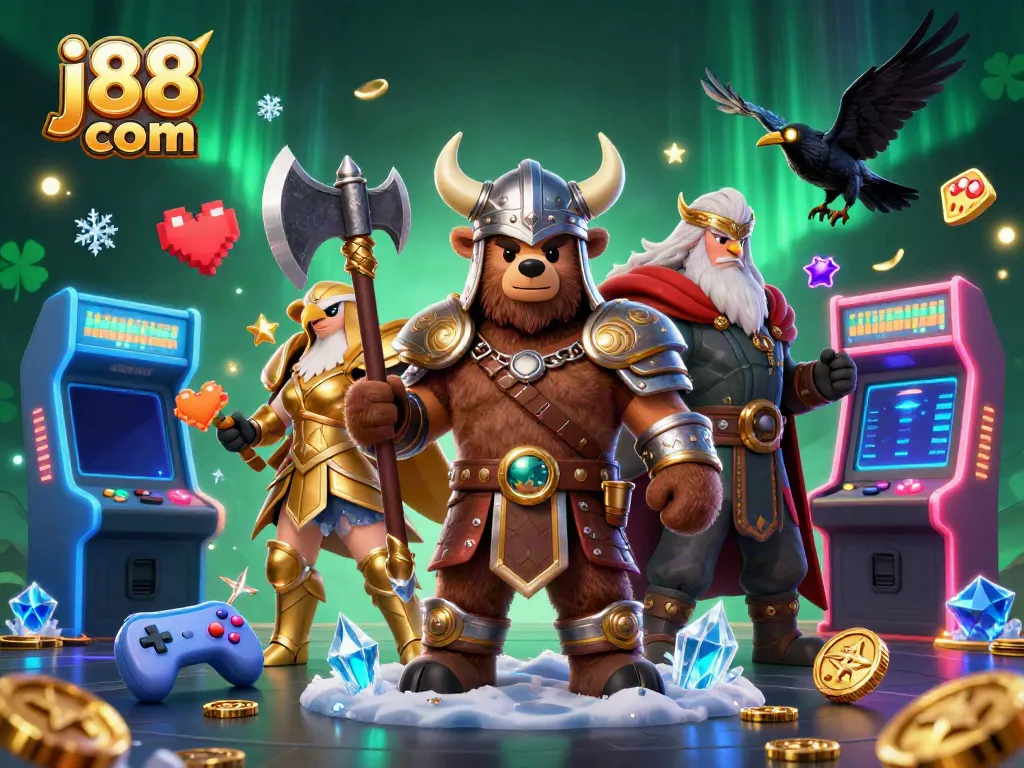 Experience thrilling action with the j88 com gaming Viking and Valkyrie in a vibrant casino scene.