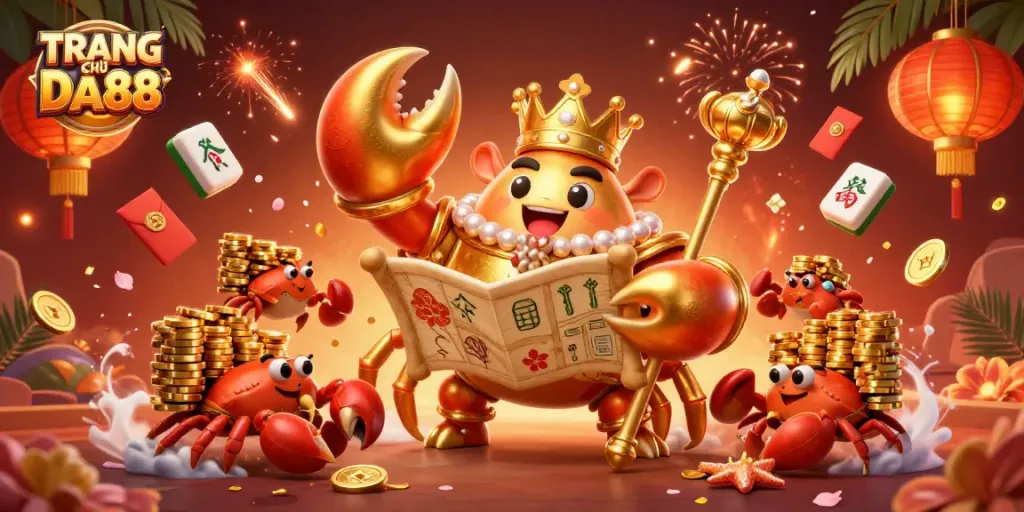 Engage with the vibrant world of TRANG CHỦ DA88, featuring a golden crab emperor amidst celebration and treasure!