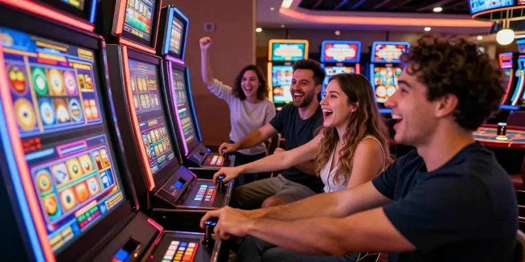 Friends enjoying the excitement of playing a slot machine in a vibrant casino.