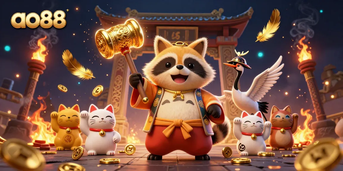 Experience the excitement of ao88 with a cheerful tanuki and samurai crane in a vibrant casino-themed scene.