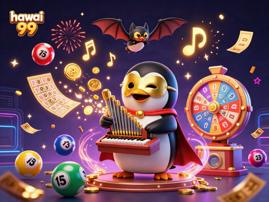 Experience the thrill of hawai 99 with penguin organist playing golden notes and lottery excitement!