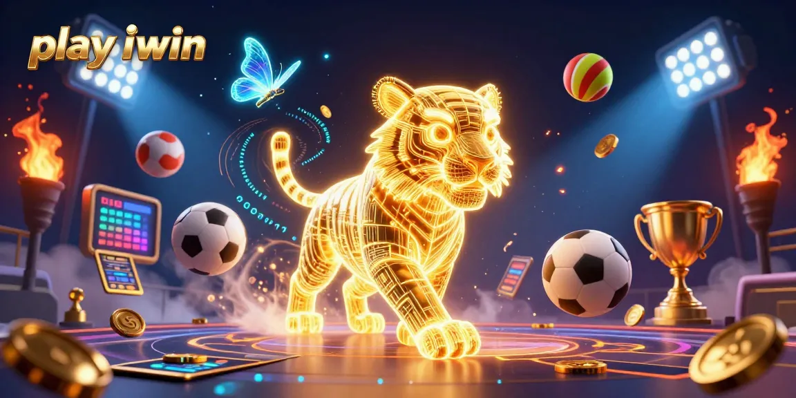 Play iwin in an exciting casino scene featuring a neon tiger and dynamic sports elements.