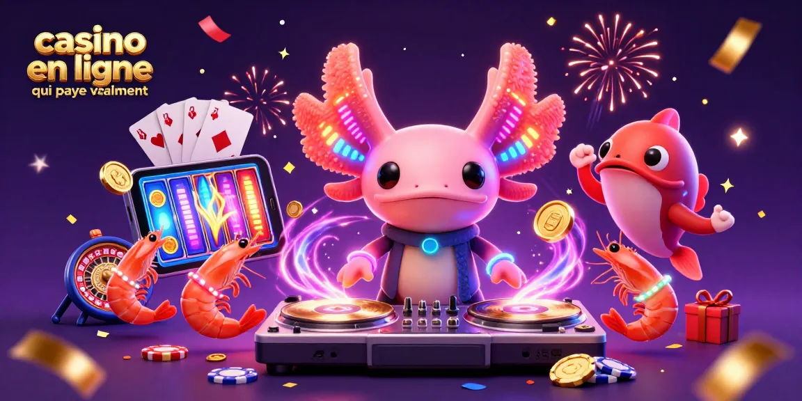 Casino en ligne qui paye vraiment : animation festive d'un DJ axolotl et crevettes dans un cadre de jeu sous-marin.
