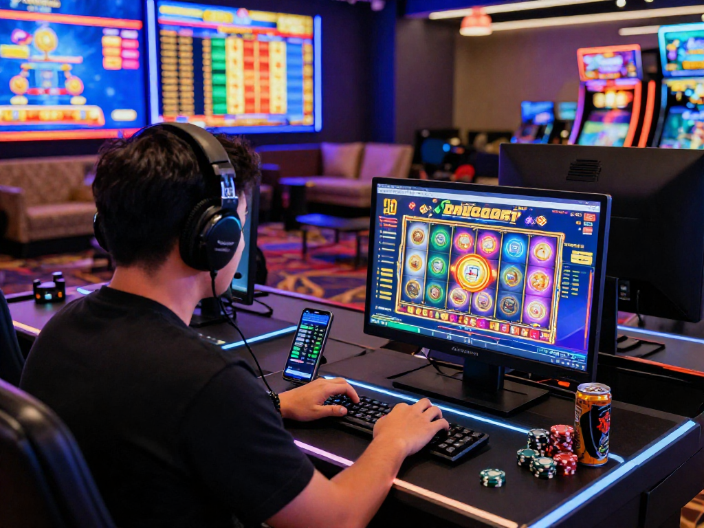 Exciting slot gacor gaming scene showcasing player immersed in vibrant online casino environment.