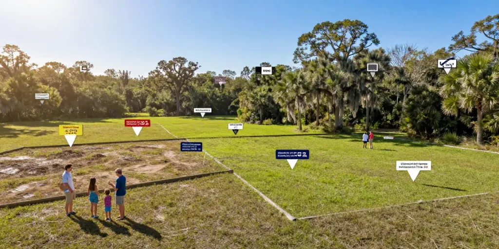 Explore diverse Putnam County lands with family discussing property options under blue skies.