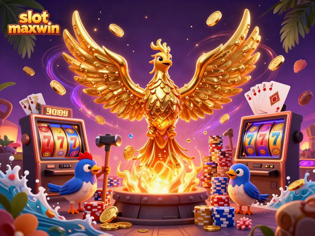 Experience the thrill of slot maxwin with a golden phoenix, animated slot reels, and cascading coins in 3D.