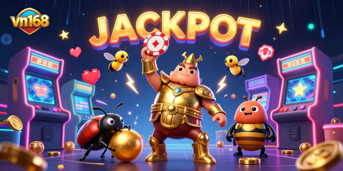 Win big at vn168 casino with a vibrant scene showcasing a hercules beetle celebrating a jackpot.
