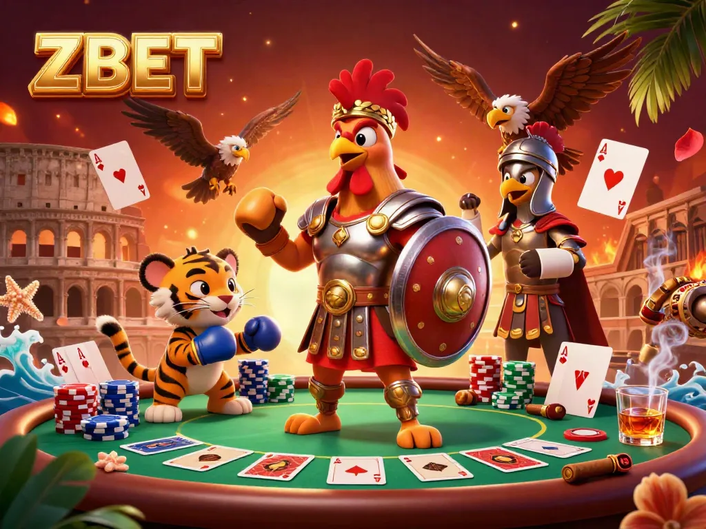 Experience ZBET's excitement in a dynamic colosseum scene with a gladiator rooster and poker elements.