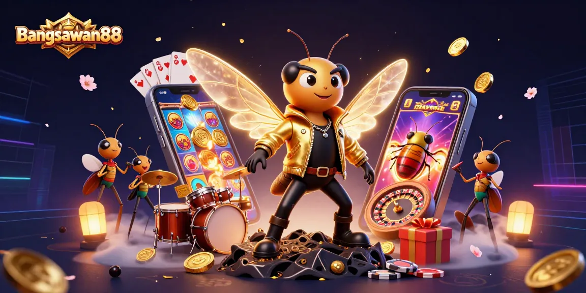 Bangsawan88 captivates with a vibrant 3D illustration featuring a cicada rock star celebrating the excitement of online slots.