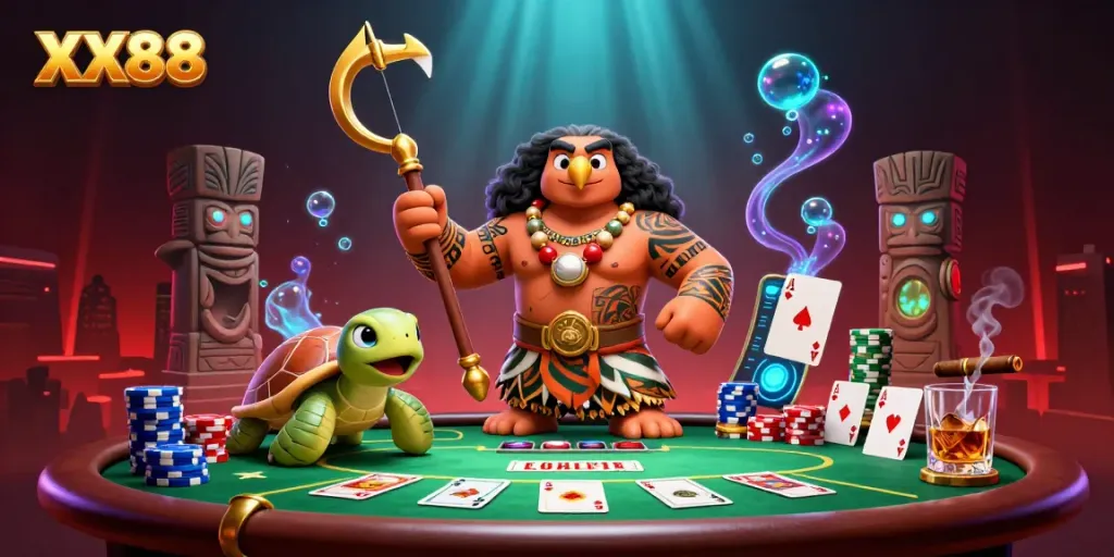 Engage with the thrilling XX88 poker scene featuring a demigod and turtle amidst vibrant chips and cards.
