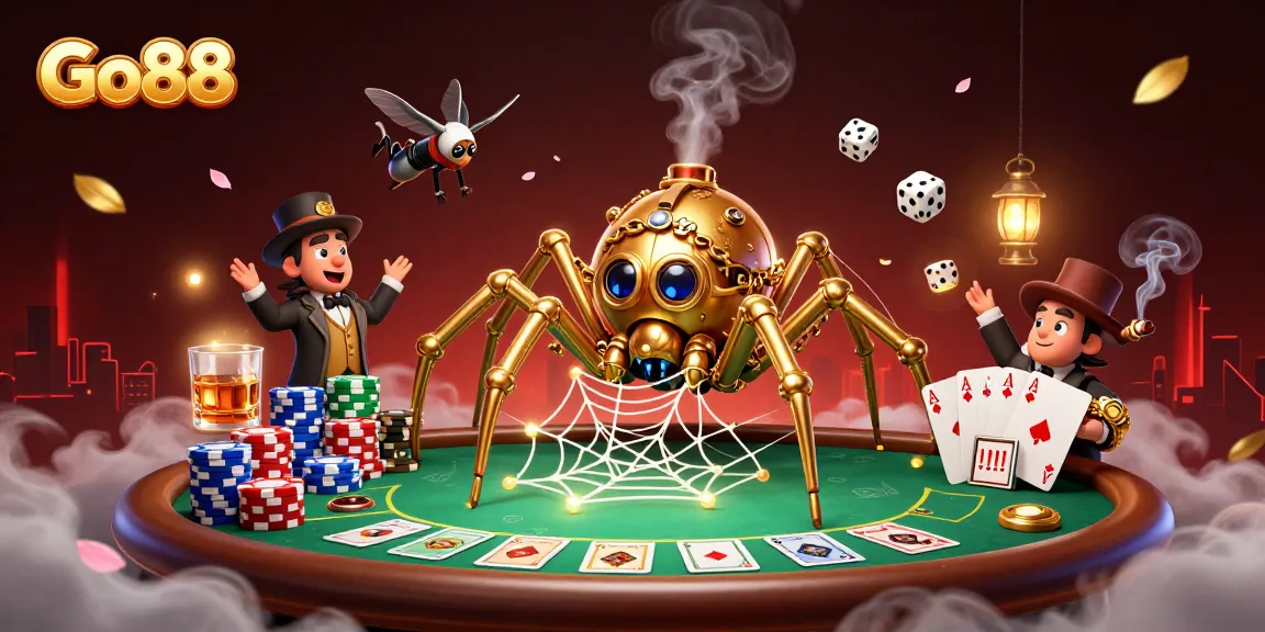 Experience thrilling moments at Go88 casino with a steampunk spider catching dice in a vibrant poker web.