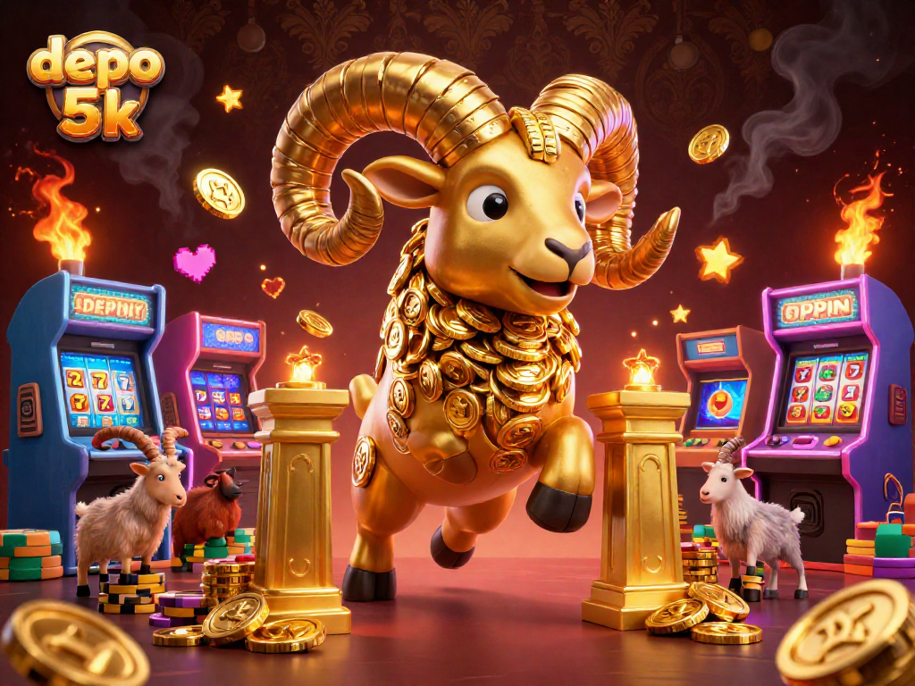 Engage with depo 5k as a golden ram charges through a casino-themed illustration, full of gaming excitement.