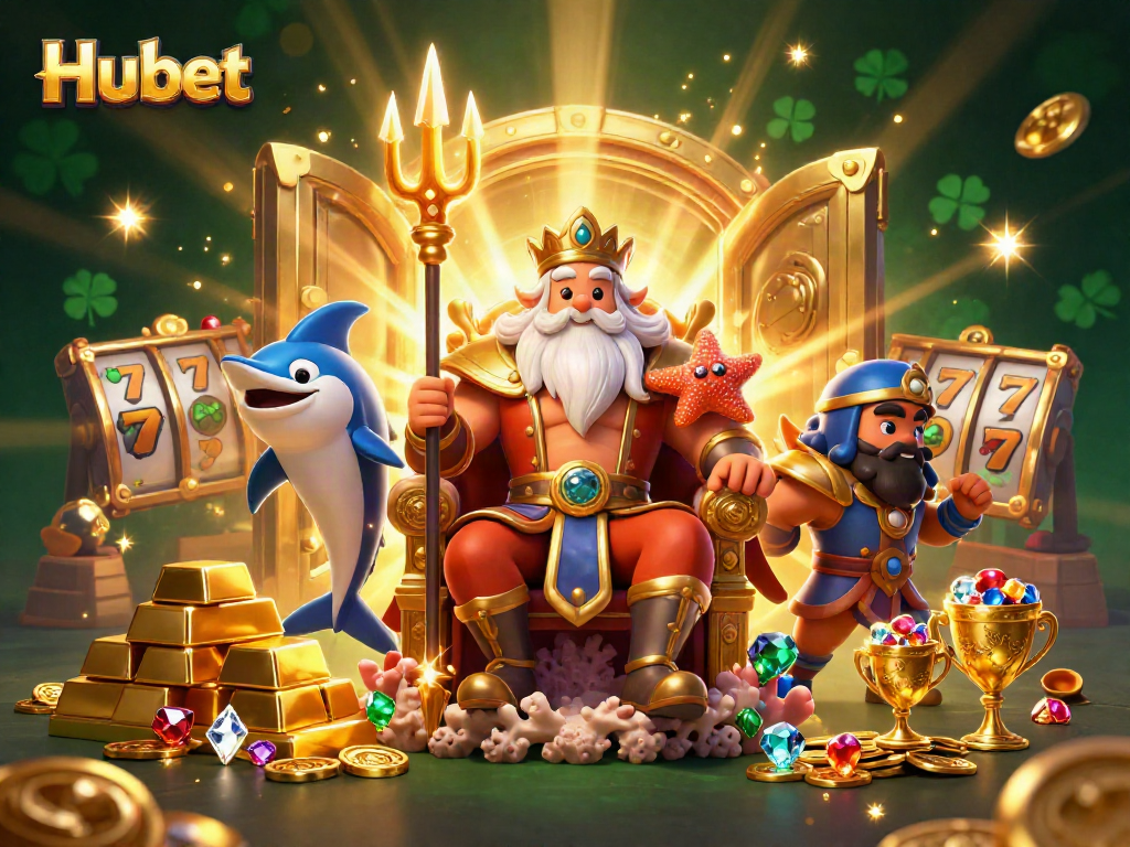 Win big at Hubet with a vibrant 3D-themed casino scene featuring Neptune and treasure elements.