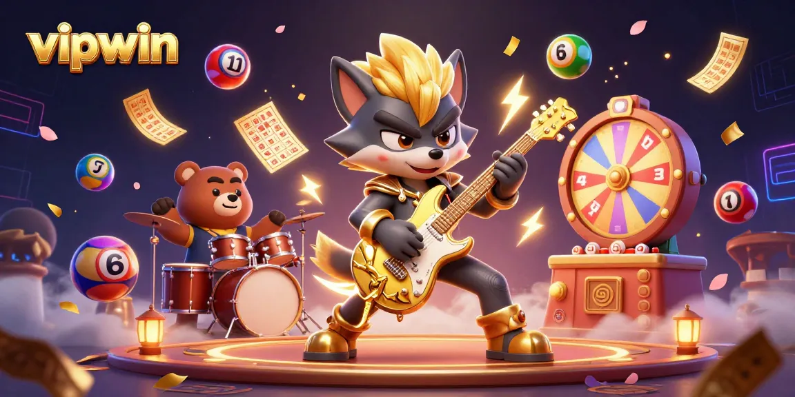Celebrate winnings with a vibrant casino scene featuring vipwin's cartoon wolf and bear characters.