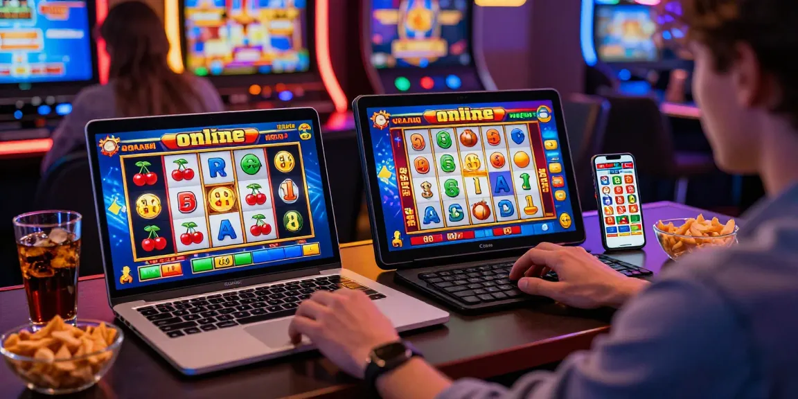 Engaging scene of a player enjoying slot online games on various devices, showcasing vibrant graphics and a lively atmosphere.