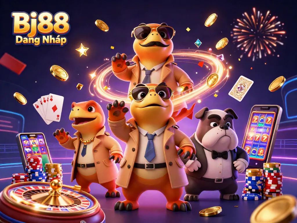 Bj88 Đăng Nhập scene with raptors in a trench coat entering a casino, showcasing vibrant casino elements