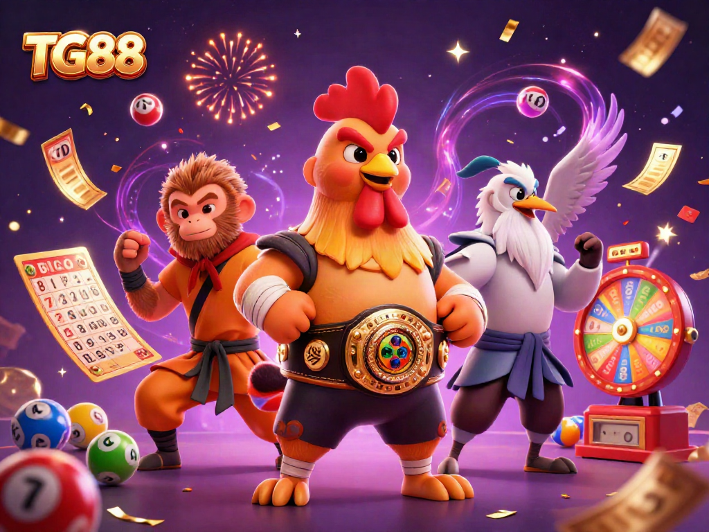 Engage in exciting lottery action with TG88, featuring vibrant characters and festive elements.