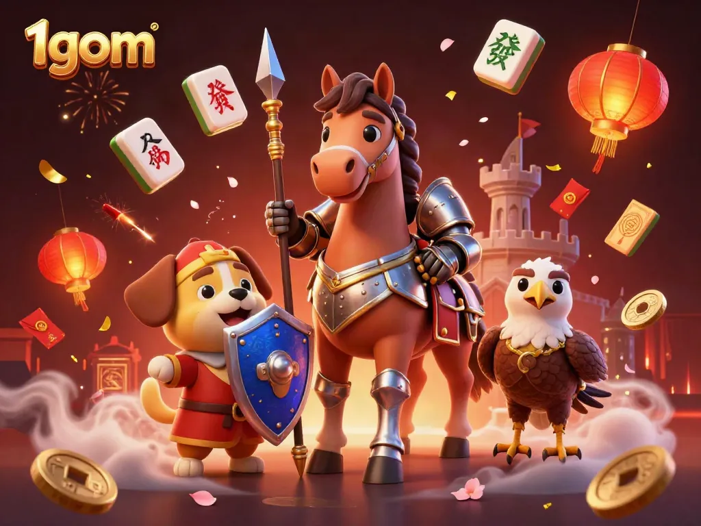 Engage with the thrilling action on 1gom featuring a knight, shield-wielding puppy, and falcon in vibrant scene.