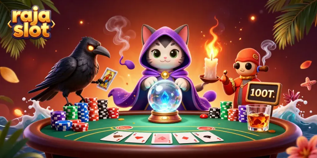 Menghadirkan raja slot dalam ilustrasi 3D menakjubkan dengan kucing peramal, gagak dan efek lilin.