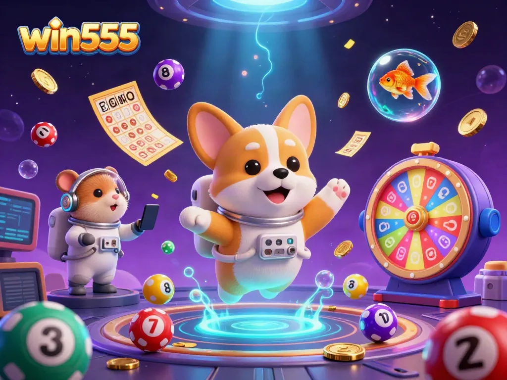 Engaging illustration showcasing win555's dynamic gaming experience in a floating casino setting