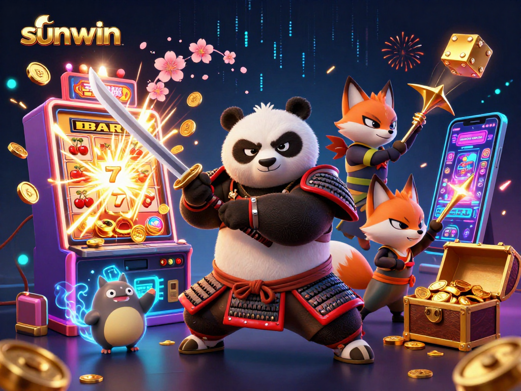 Experience the excitement of sunwin with a samurai panda and ninja fox amidst a jackpot explosion