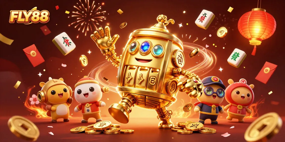 FLY88 players experience thrilling wins with an ultra-detailed illustration of a golden golem amid casino game elements.