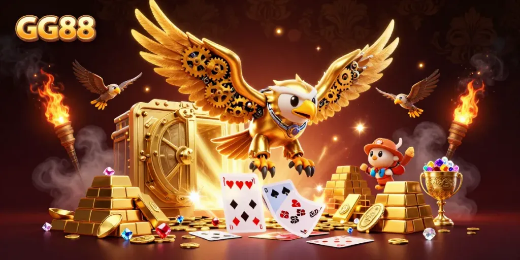 Engage in thrilling gameplay at GG88 with golden treasures and 3D characters soaring through card cascades.
