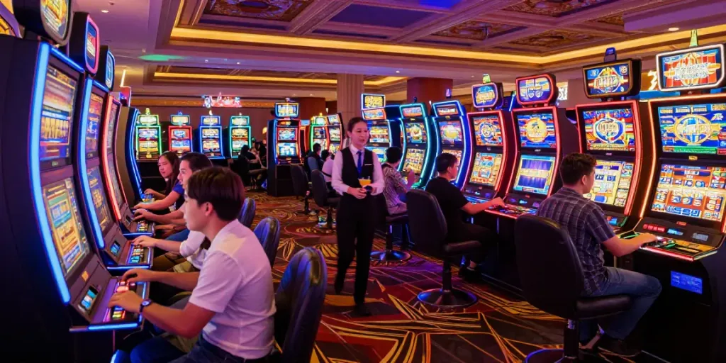 Exciting casino scene featuring diverse players at slot machines.