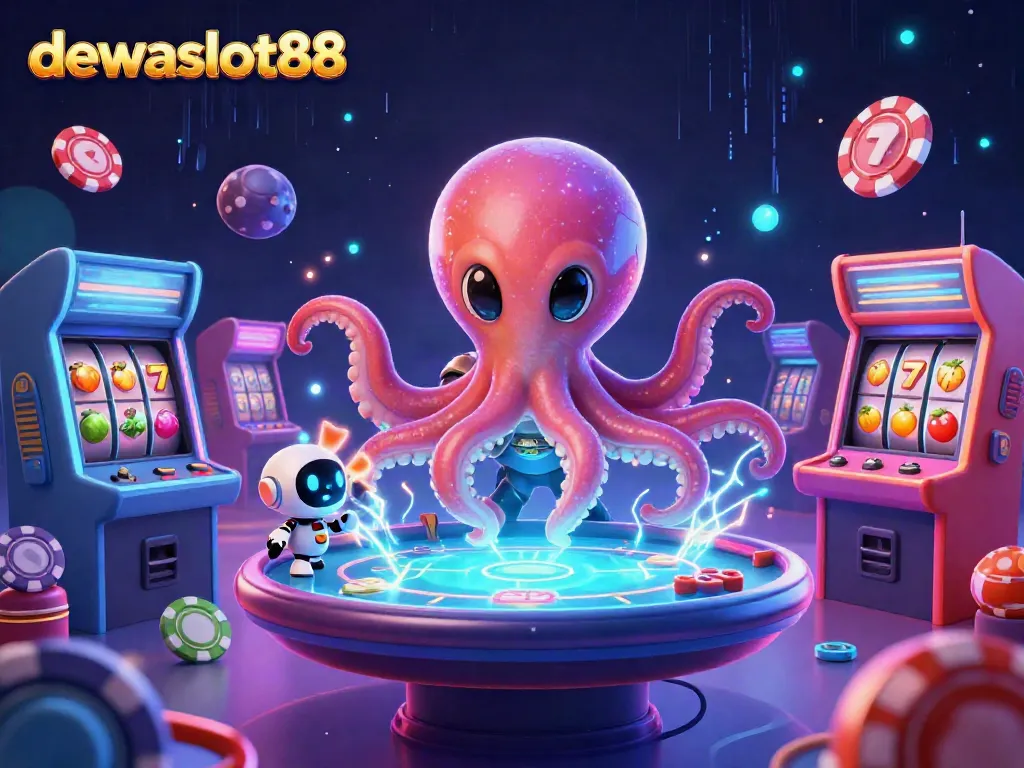 Ilustrasi 3D dewaslot88 menampilkan karakter alien dari galaksi lain di meja poker holografis yang dikelilingi elemen kasino memikat.