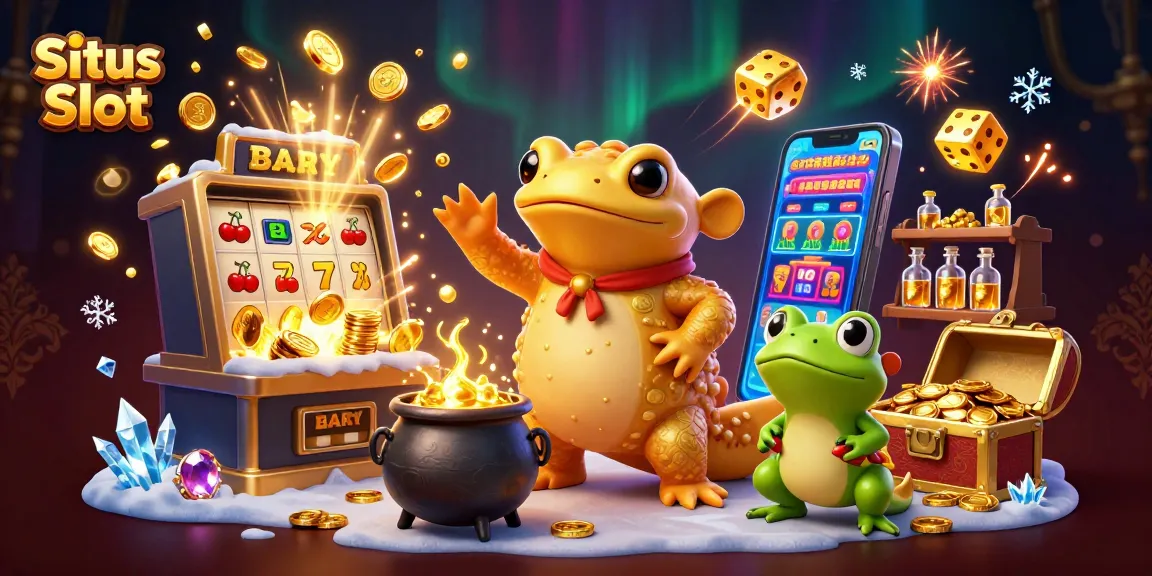 Situs Slot showcases a vibrant scene of gold and casino elements with a golden salamander alchemist and frog apprentice.