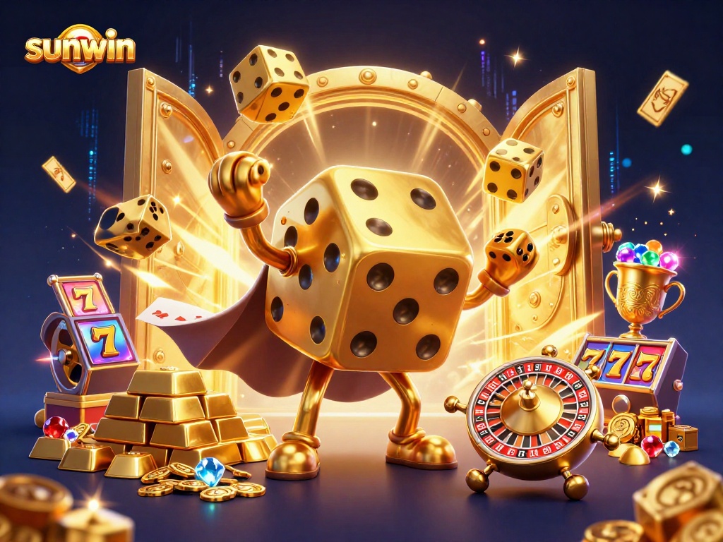 Experience the excitement of sunwin with dynamic 3D characters juggling golden dice and showcasing casino treasures.