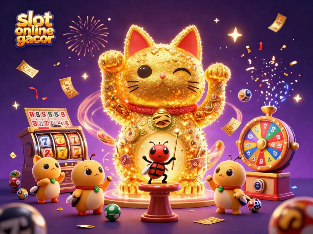Experience the excitement of slot online gacor with a giant lucky cat and bouncing colorful lottery elements.