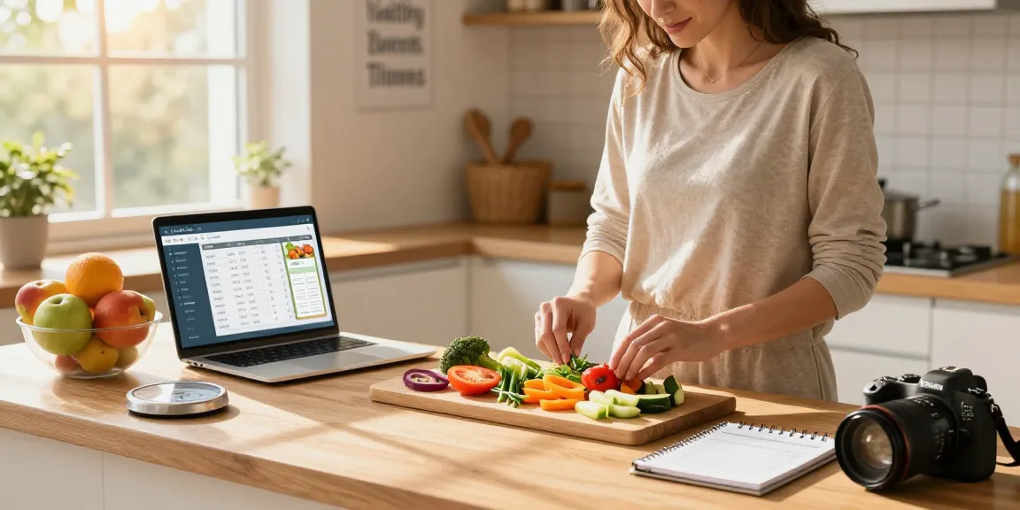 Nutritionist using the best calorie tracking app while preparing a healthy meal in a sunlit kitchen.